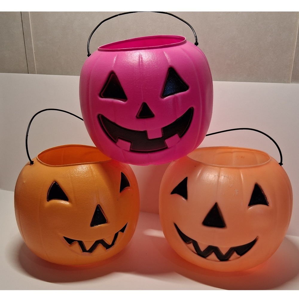 Vintage General Foam Plastics Halloween Pumpkin Buckets Pink Orange Set of 3 USA